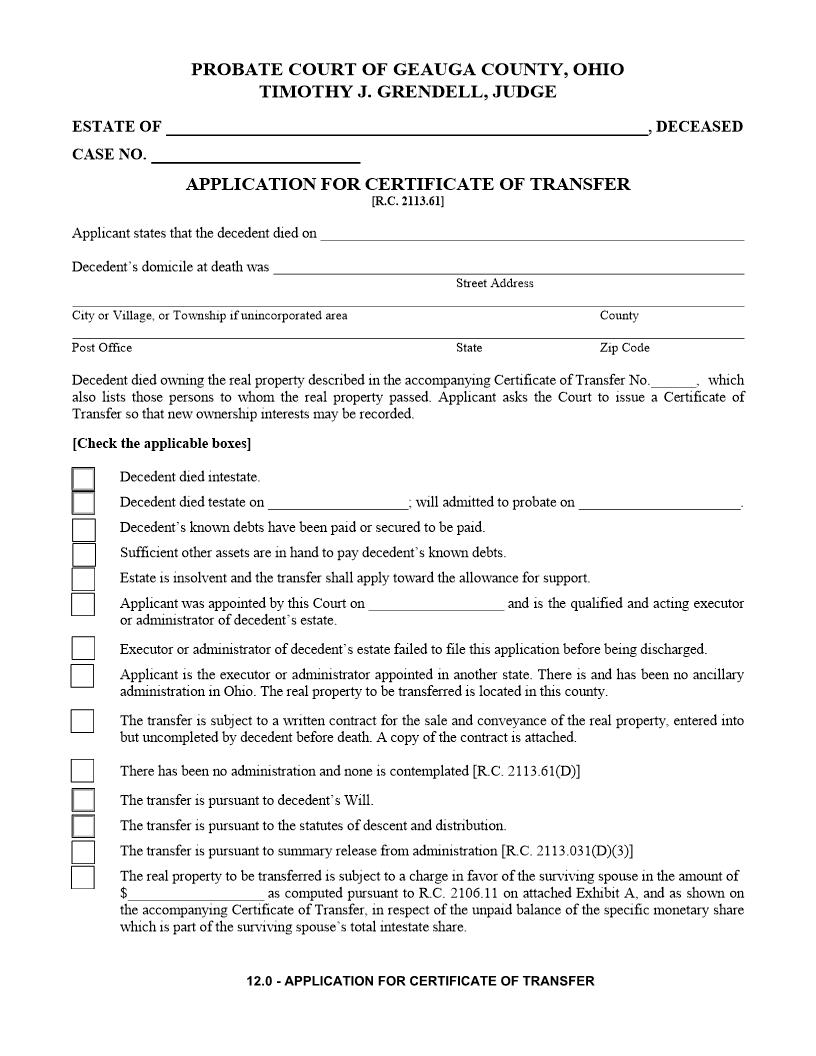 Application For Certificate Of Transfer {12.0} | Pdf Fpdf Doc Docx | Ohio