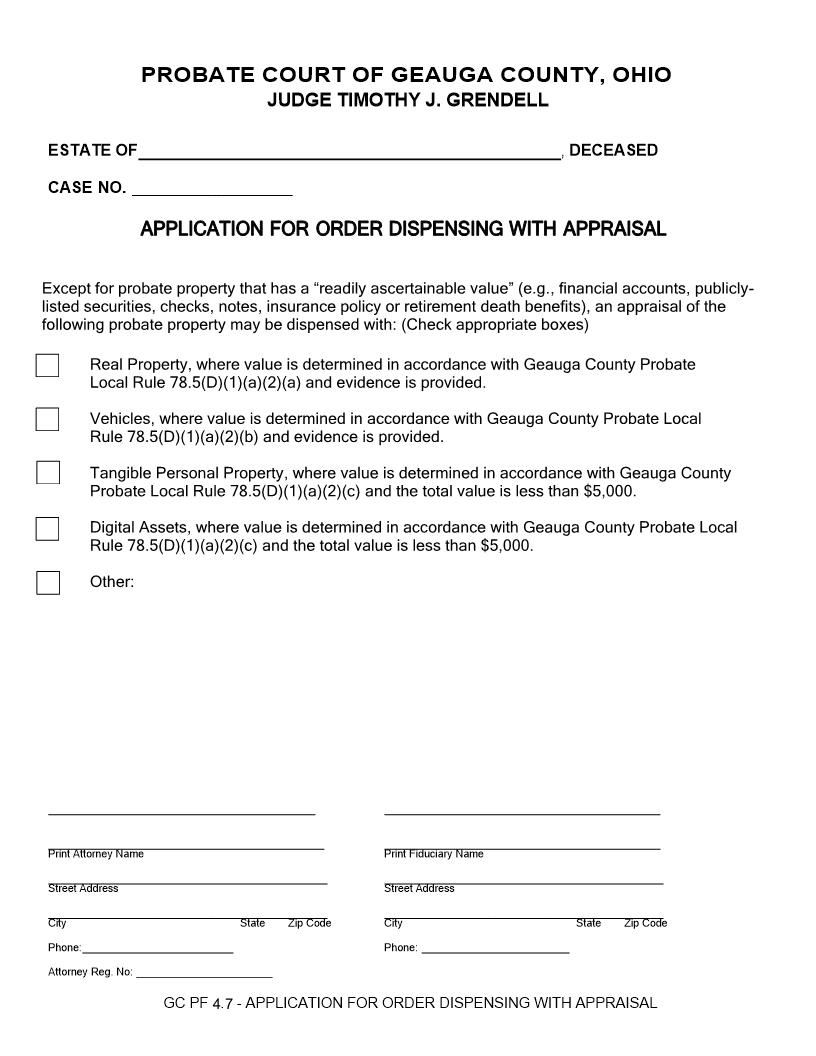 Application For Order Dispensing With Appraisal {4.7} | Pdf Fpdf Docx | Ohio