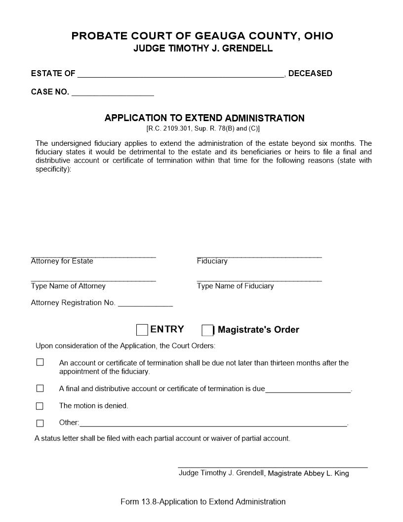 Application To Extend Administration {13.8} | Pdf Fpdf Doc Docx | Ohio