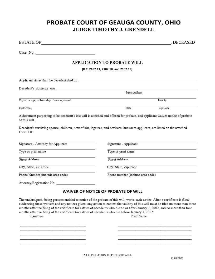 Application To Probate Will {2.0} | Pdf Fpdf Doc Docx | Ohio
