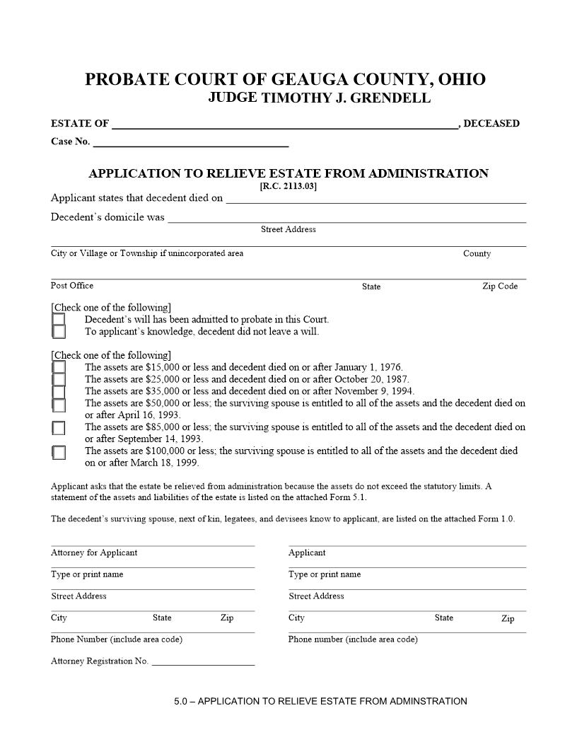 Application To Relieve Estate From Administration {5.0} | Pdf Fpdf Doc Docx | Ohio