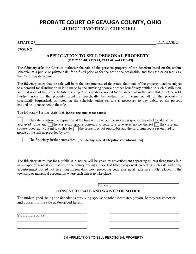 Application To Sell Personal Property {9.0} | Pdf Fpdf Doc Docx | Ohio