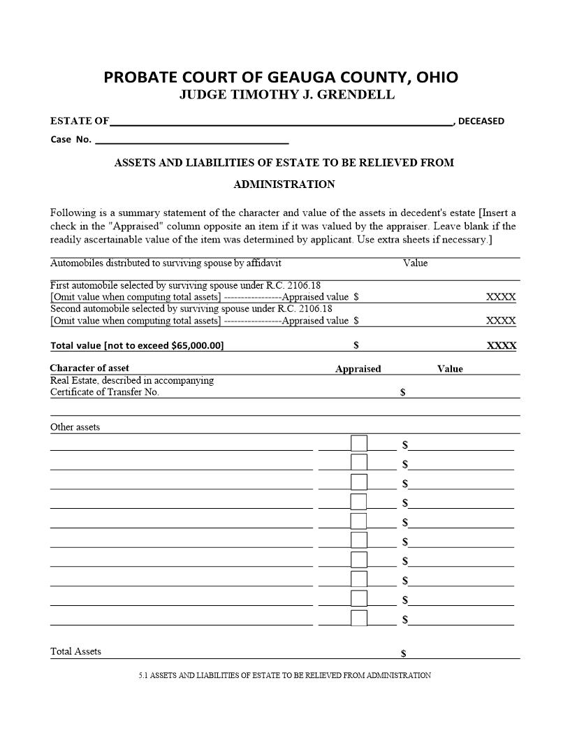 Assets And Liabilities Of Estate To Be Relieved From Administration {5.1} | Pdf Fpdf Doc Docx | Ohio