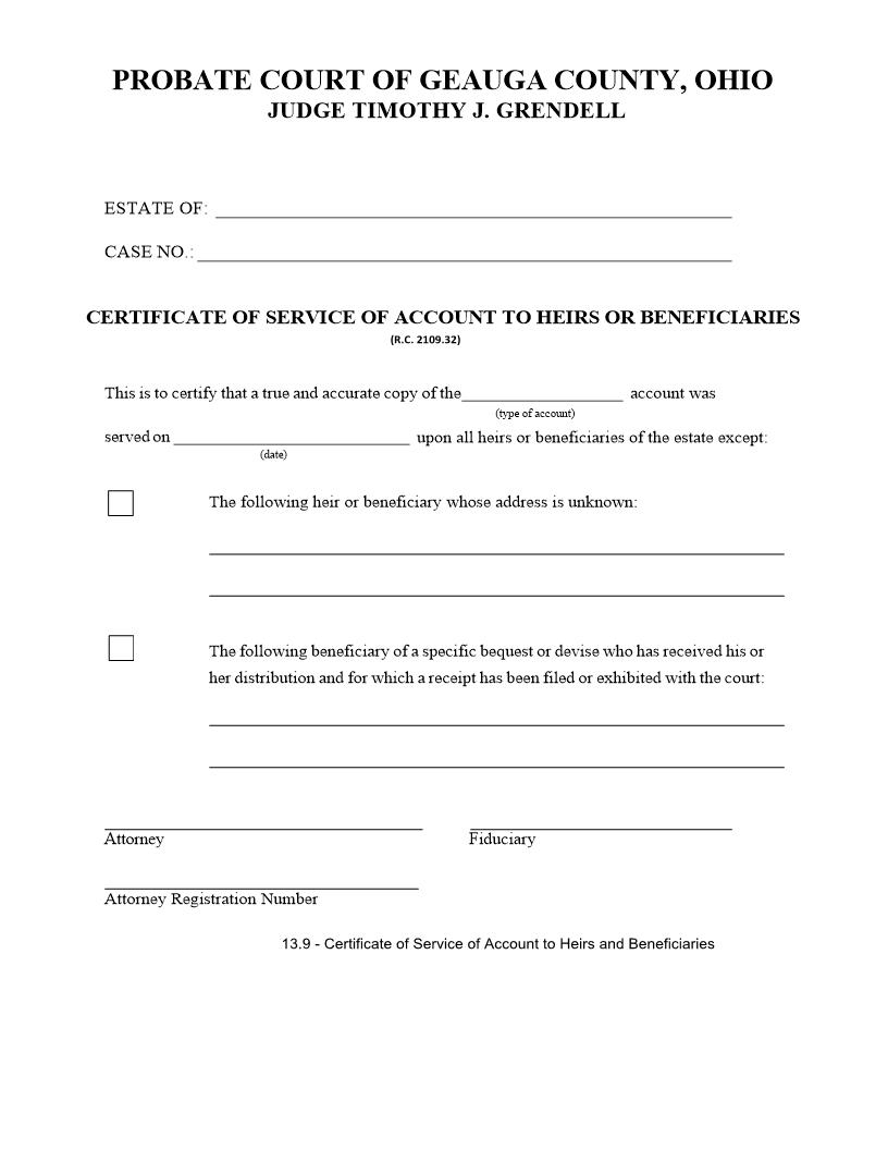 Certificate Of Service Of Account To Heirs Or Beneficiaries {13.9} | Pdf Fpdf Doc Docx | Ohio