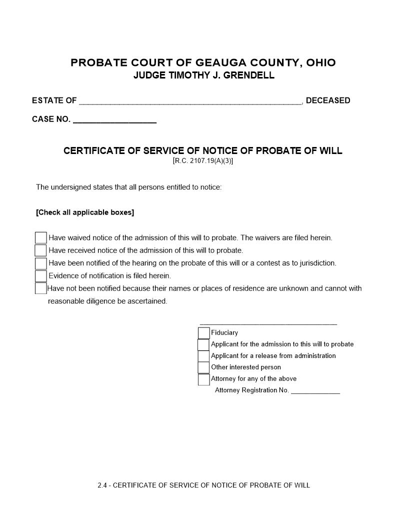 Certificate Of Service Of Notice Of Probate Of Will {2.4} | Pdf Fpdf Doc Docx | Ohio