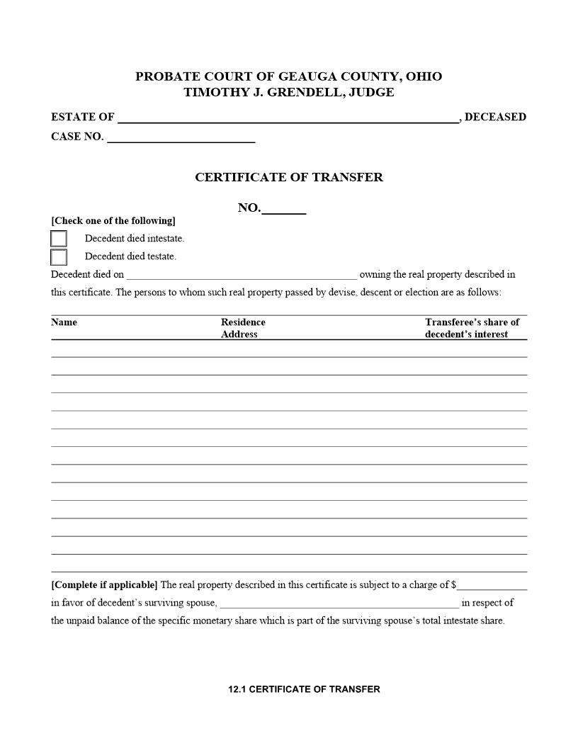 Certificate Of Transfer {12.1} | Pdf Fpdf Doc Docx | Ohio
