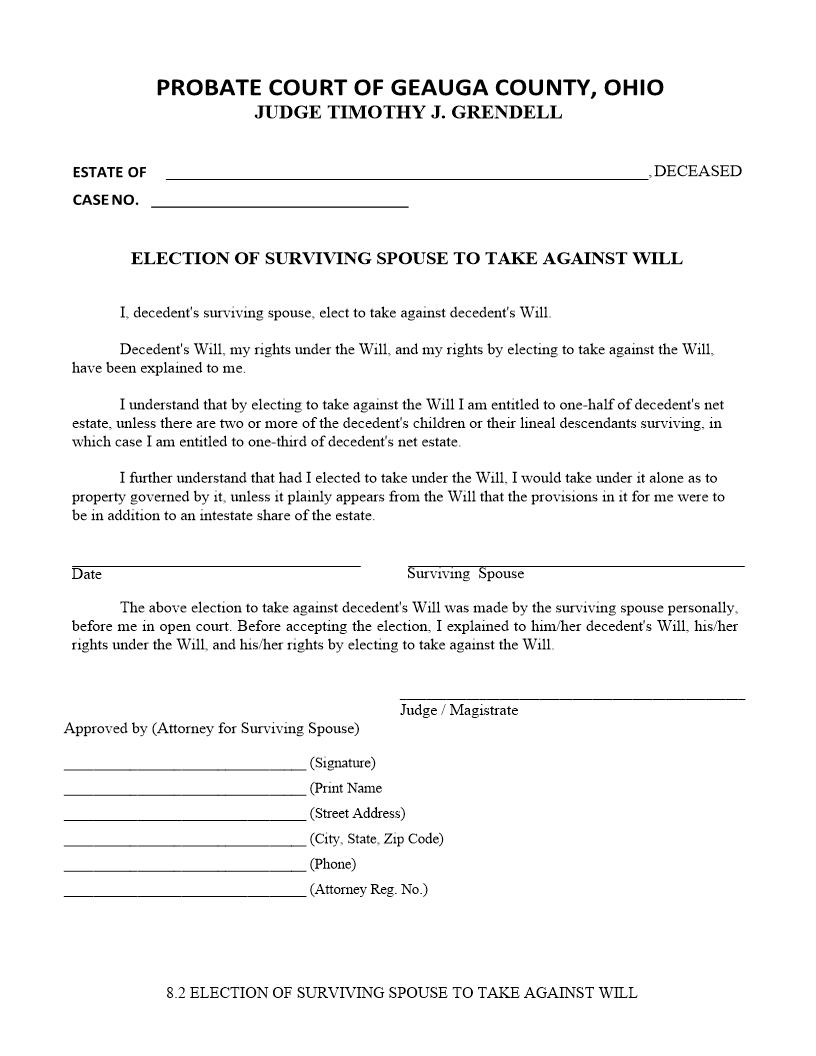 Election Of Surviving Spouse To Take Against Will {8.2} | Pdf Fpdf Doc Docx | Ohio
