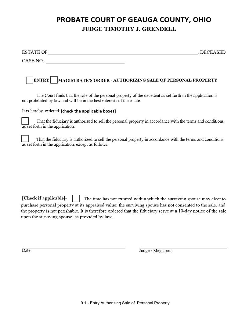 Entry Authorizing Sale Of Personal Property {9.1} | Pdf Fpdf Docx | Ohio