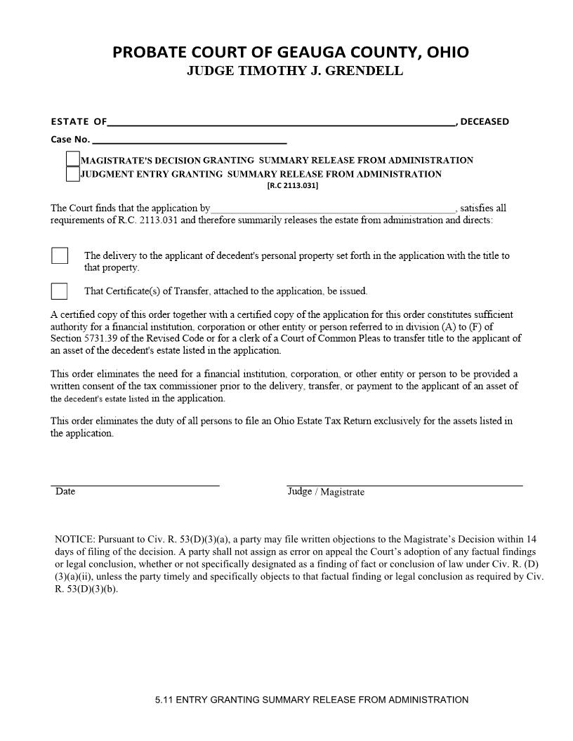 Entry Granting Summary Release From Administration {5.11} | Pdf Fpdf Docx | Ohio