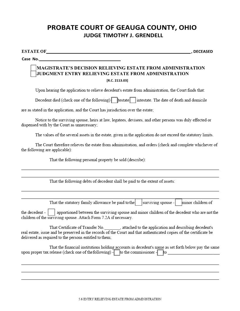 Entry Relieving Estate From Administration {5.6} | Pdf Fpdf Doc Docx | Ohio