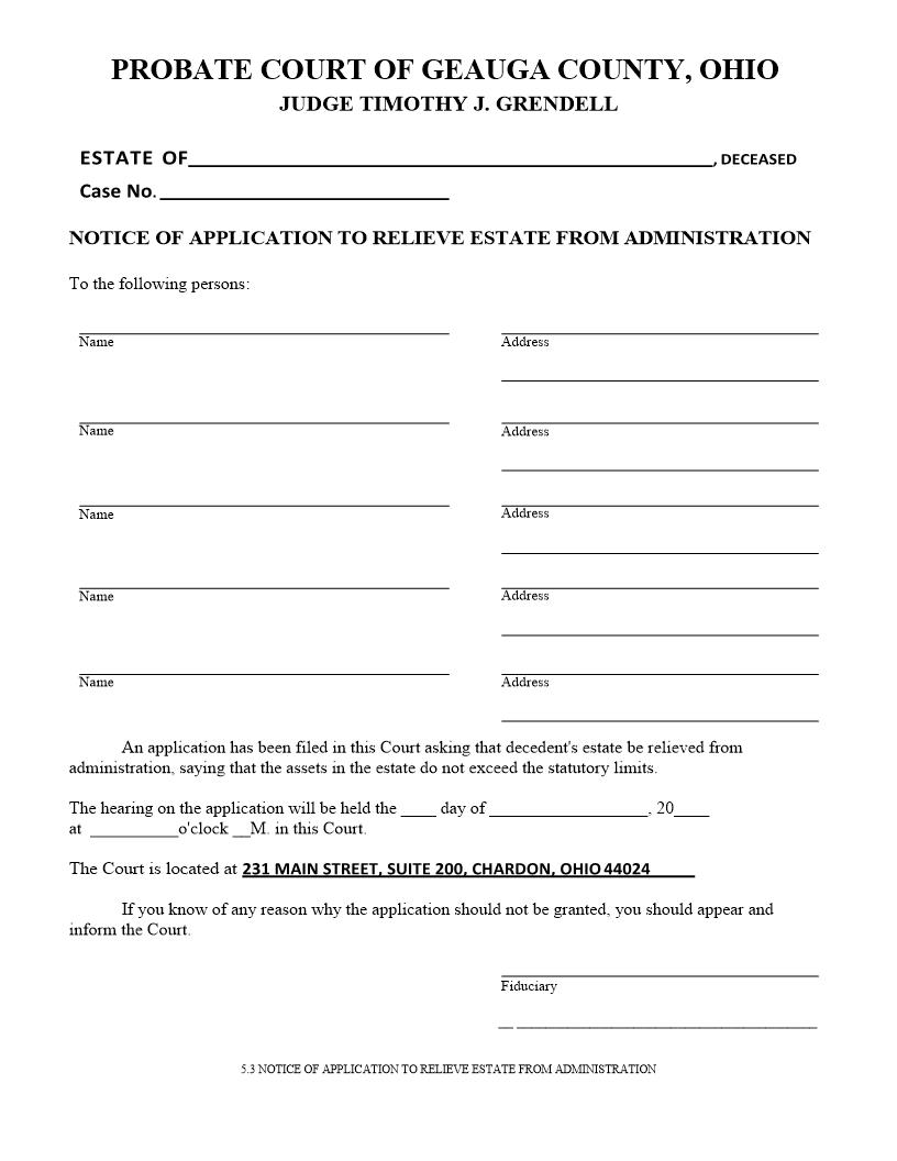 Notice Of Application To Relieve Estate From Administration {5.3} | Pdf Fpdf Doc Docx | Ohio