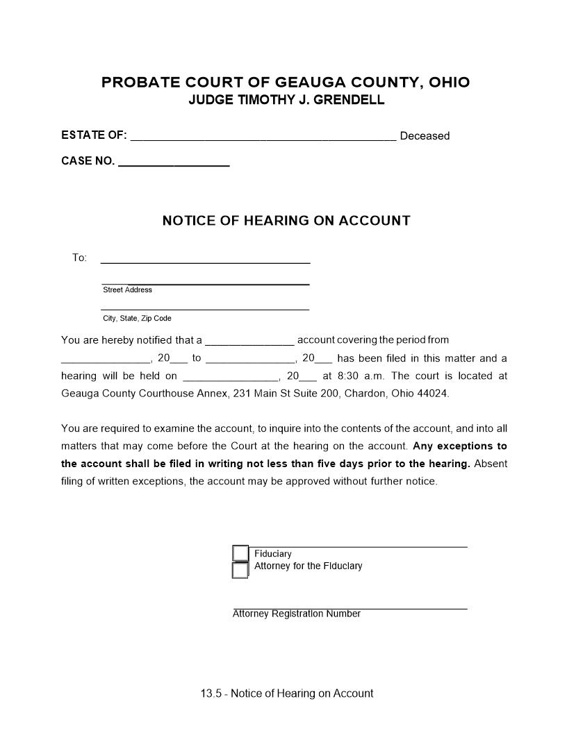 Notice Of Hearing On Account {13.5} | Pdf Fpdf Doc Docx | Ohio