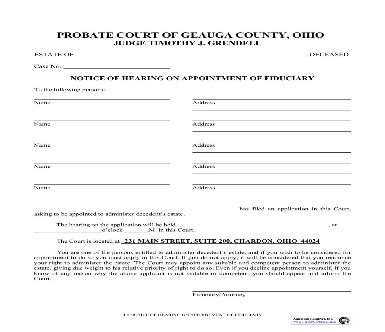 Notice Of Hearing On Appointment Of Fiduciary {4.4} | Pdf Fpdf Doc Docx | Ohio
