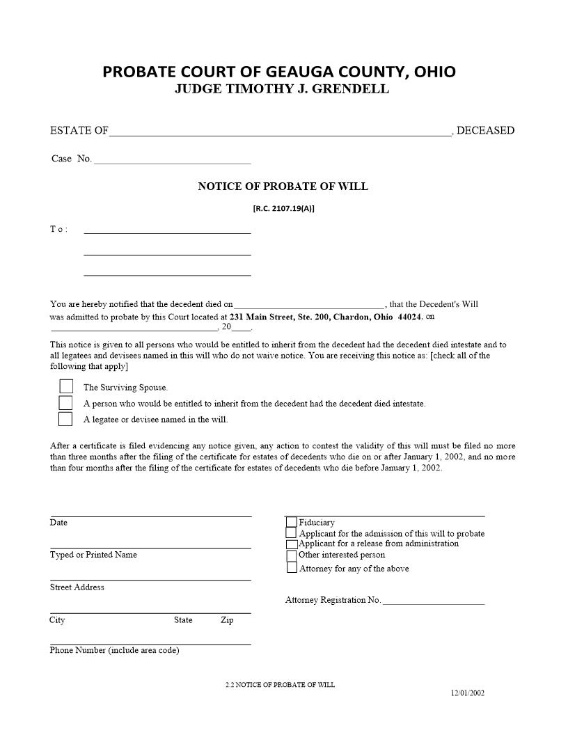 Notice Of Probate Of Will {2.2} | Pdf Fpdf Doc Docx | Ohio