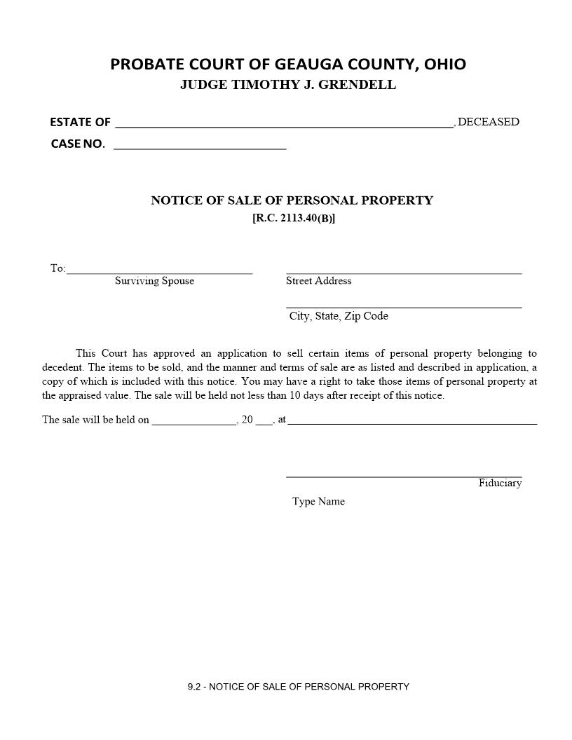 Notice Of Sale Of Personal Property {9.2} | Pdf Fpdf Doc Docx | Ohio