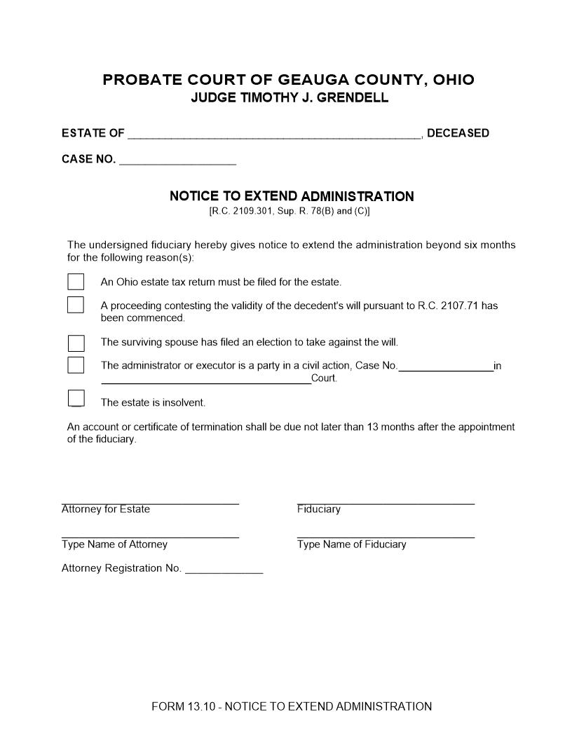 Notice To Extend Administration {13.10} | Pdf Fpdf Doc Docx | Ohio