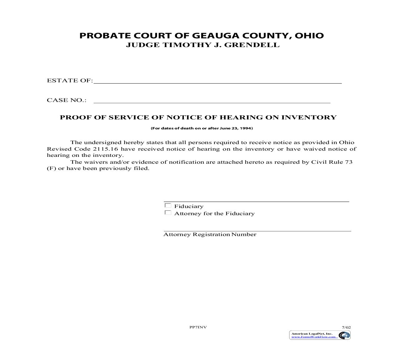 Proof Of Service Of Notice Of Hearing On Account  (For Dates Of Death On Or After Junes 23 1994) {PP7} | Pdf Fpdf Doc Docx | Ohio