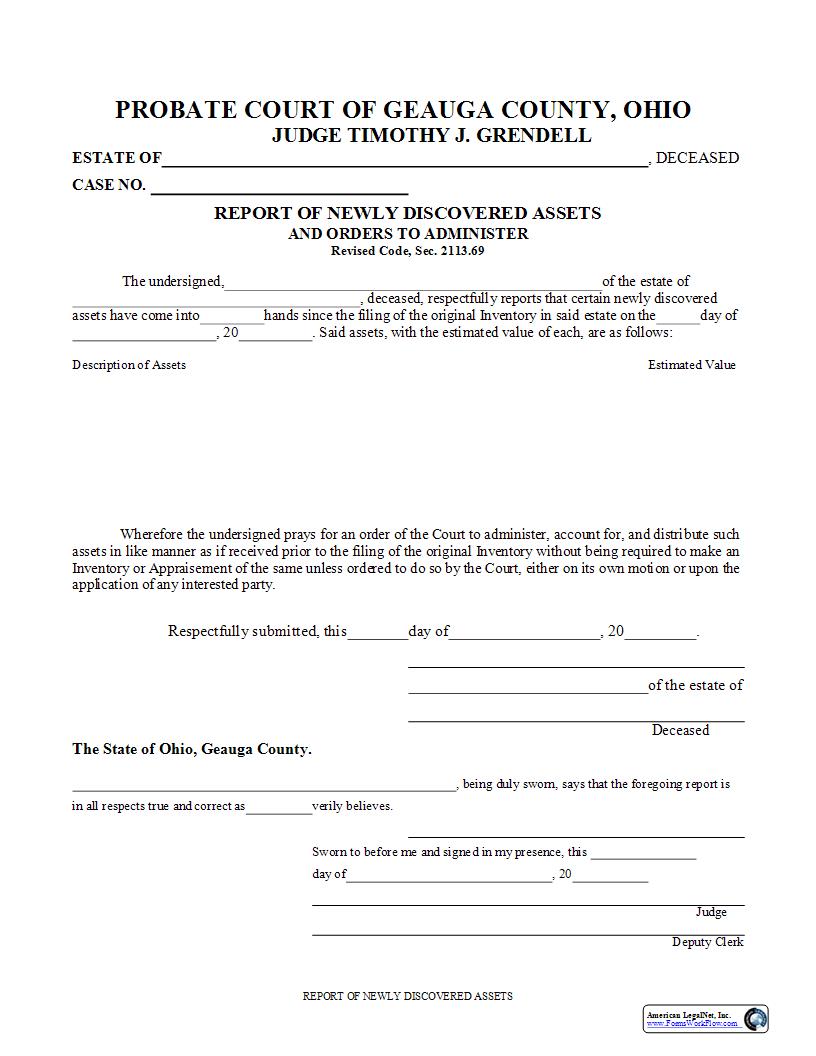 Report Of Newly Discovered Assets And Judgment Entry {39L} | Pdf Fpdf Docx | Ohio