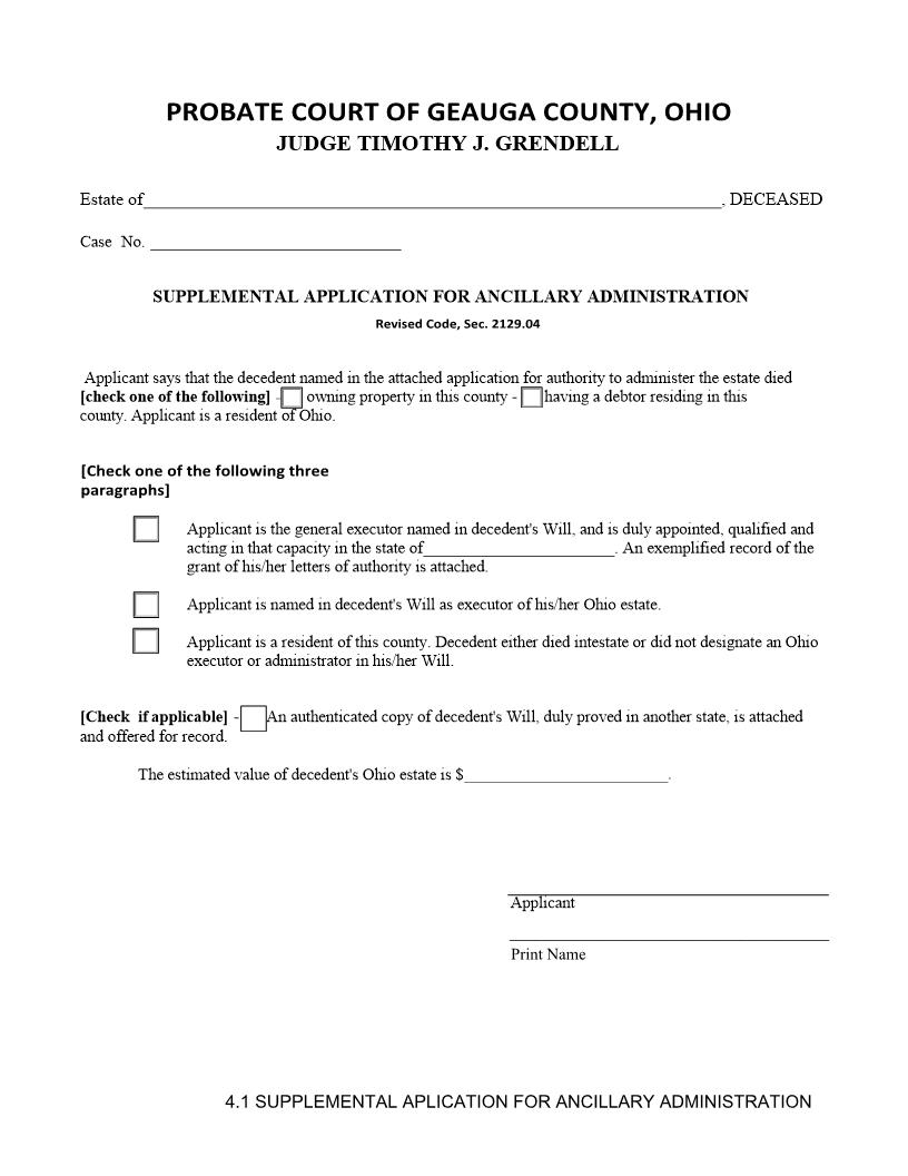 Supplemental Application For Ancillary Administration {4.1} | Pdf Fpdf Doc Docx | Ohio