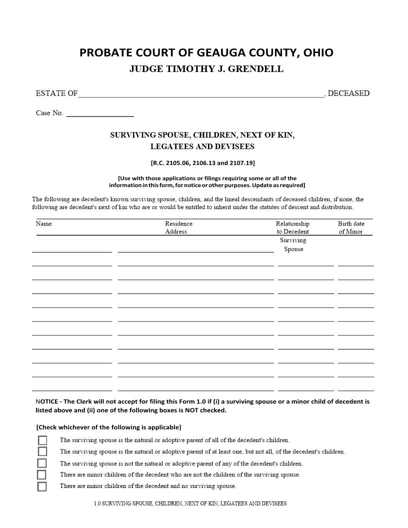 Surviving Spouse Children Next Of Kin Legatees And Devisees {1.0} | Pdf Fpdf Doc Docx | Ohio