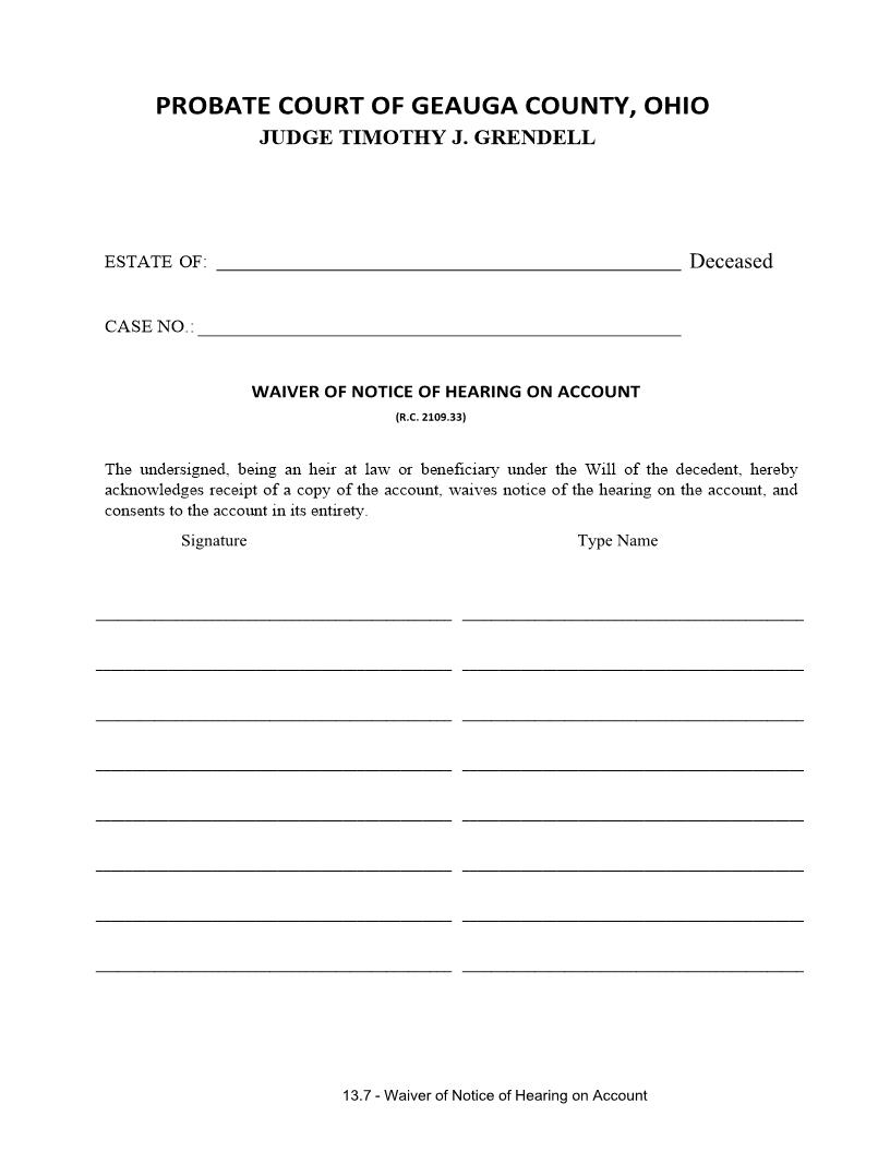 Waiver Of Notice Of Hearing On Account {13.7} | Pdf Fpdf Doc Docx | Ohio