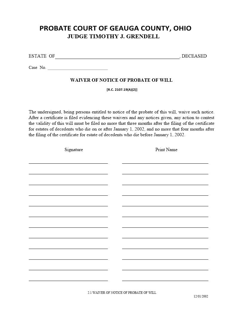 Waiver Of Notice Of Probate Of Will {2.1} | Pdf Fpdf Doc Docx | Ohio