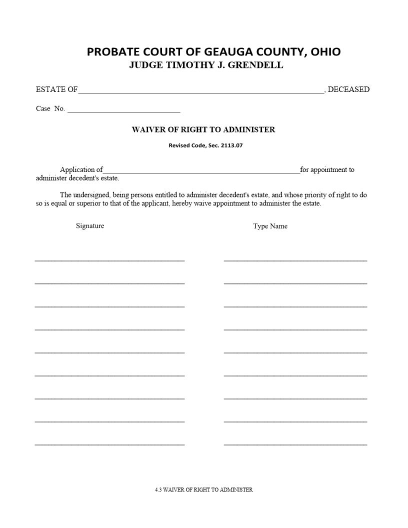Waiver Of Right To Administer {4.3} | Pdf Fpdf Doc Docx | Ohio