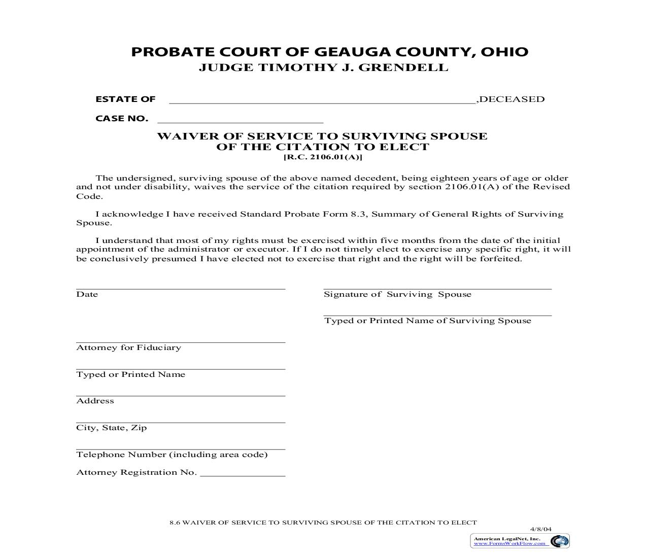 Waiver Of Service To Surviving Spouse Of The Citation To Elect {8.6} | Pdf Fpdf Doc Docx | Ohio