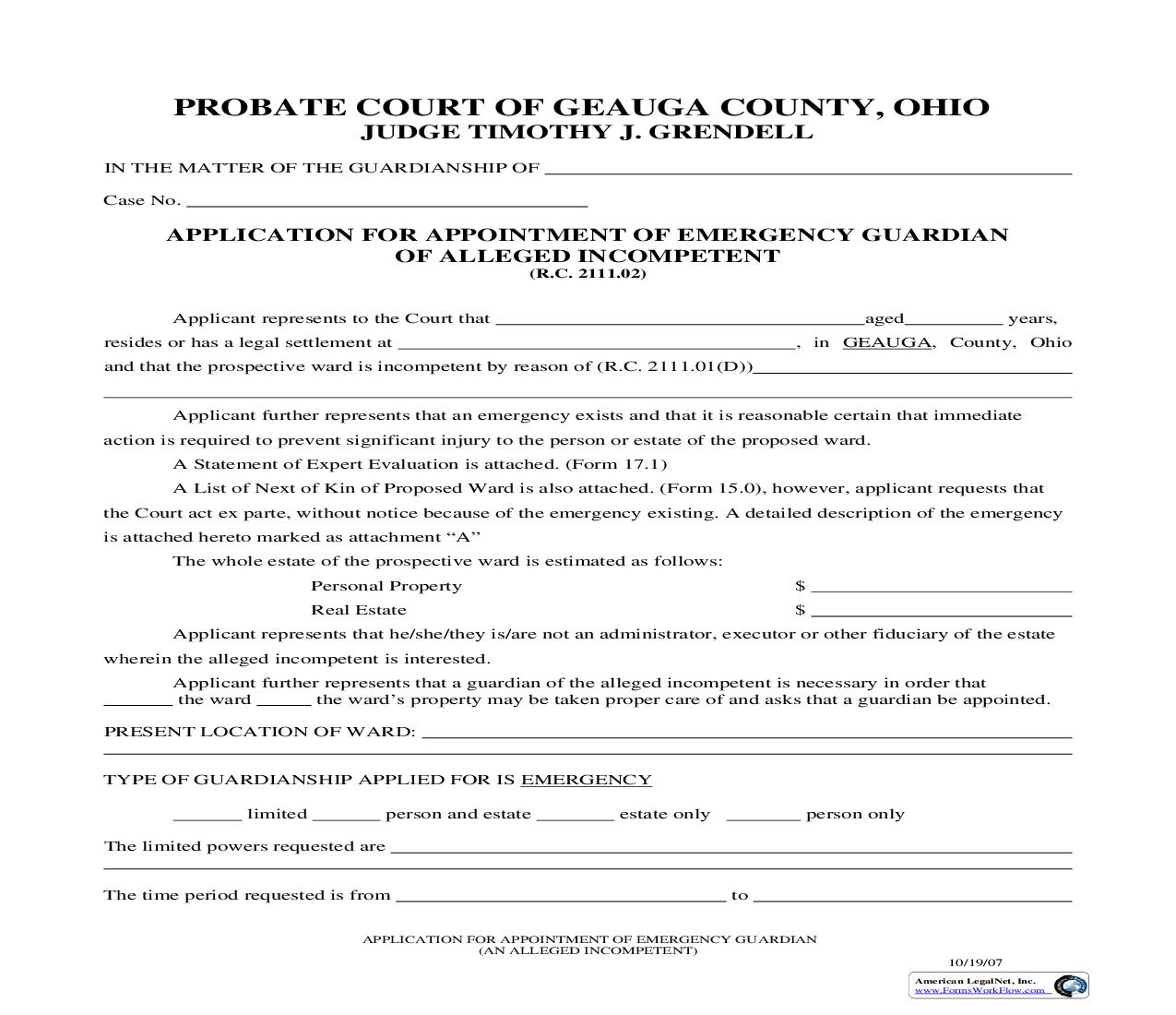 Application For Appointment Of Emergency Guardian Of Alleged Incompetent {17.0E} | Pdf Fpdf Doc Docx | Ohio