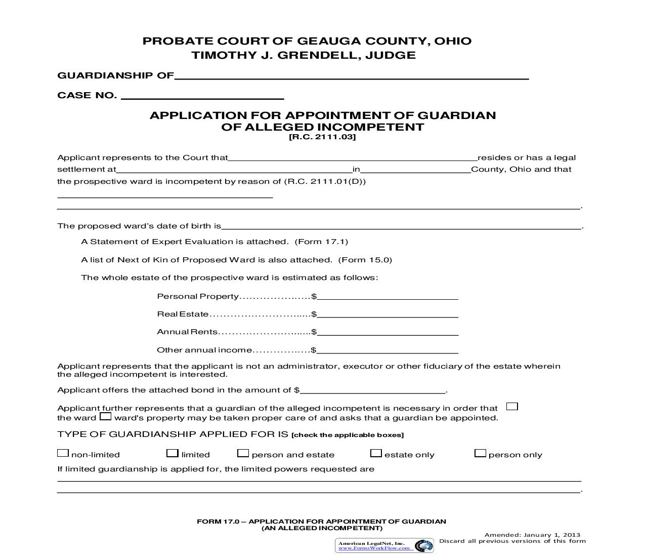 Application For Appointment Of Guardian Of Alleged Incompetent {17.0} | Pdf Fpdf Doc Docx | Ohio