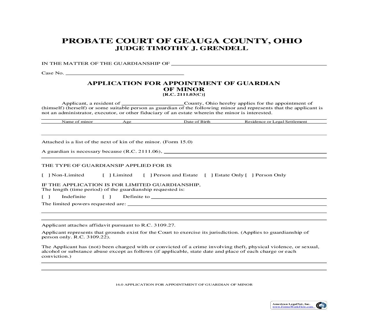 Application For Appointment Of Guardian Of Minor {16.0} | Pdf Fpdf Doc Docx | Ohio