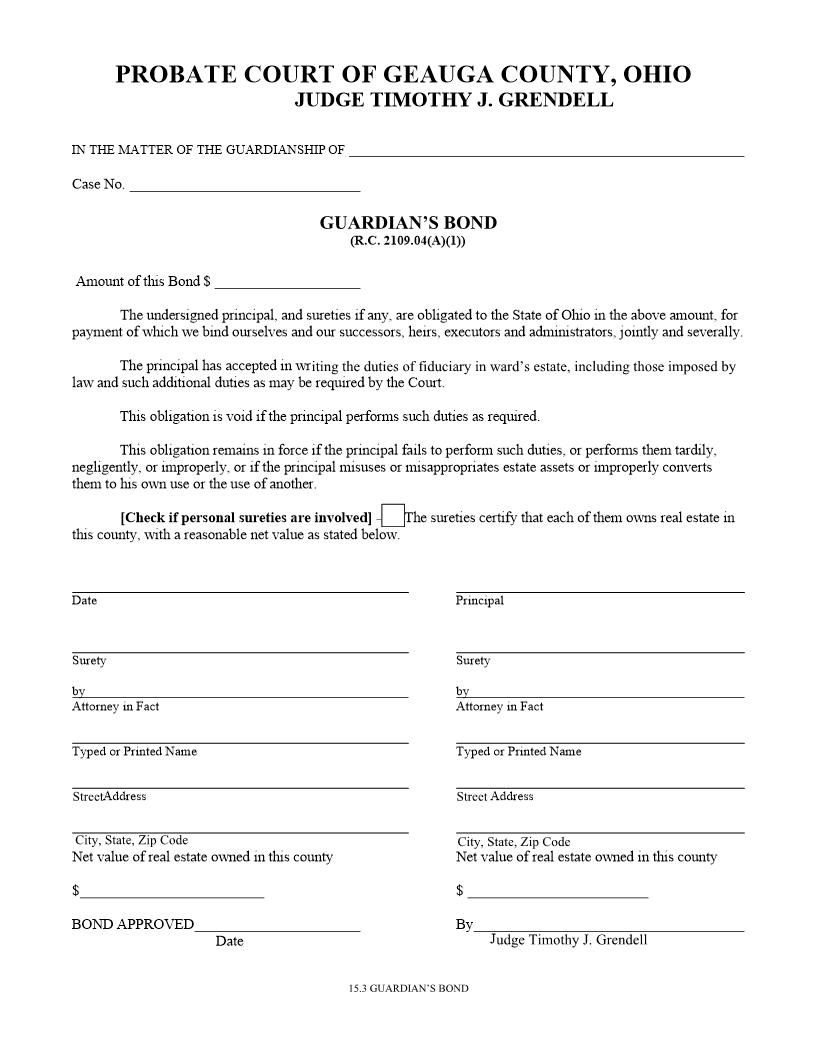Guardians Bond {15.3} | Pdf Fpdf Doc Docx | Ohio