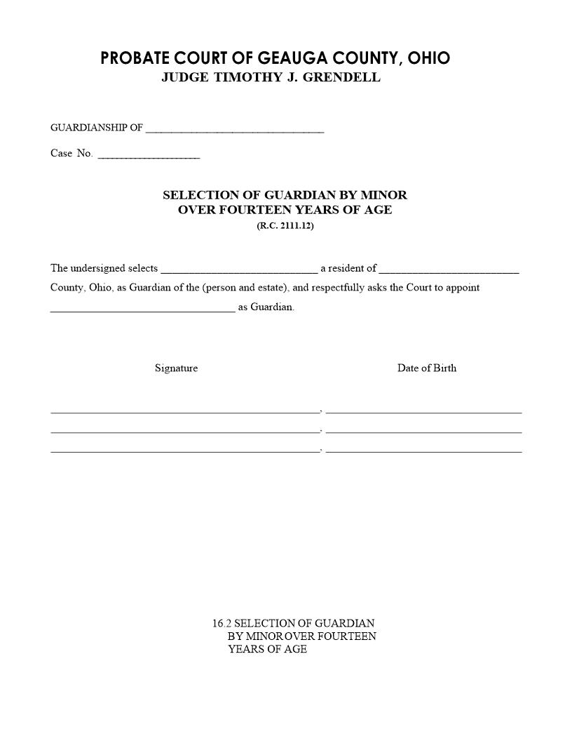 Selection Of Guardian For Minor Over 14 Years Of Age {16.2} | Pdf Fpdf Doc Docx | Ohio