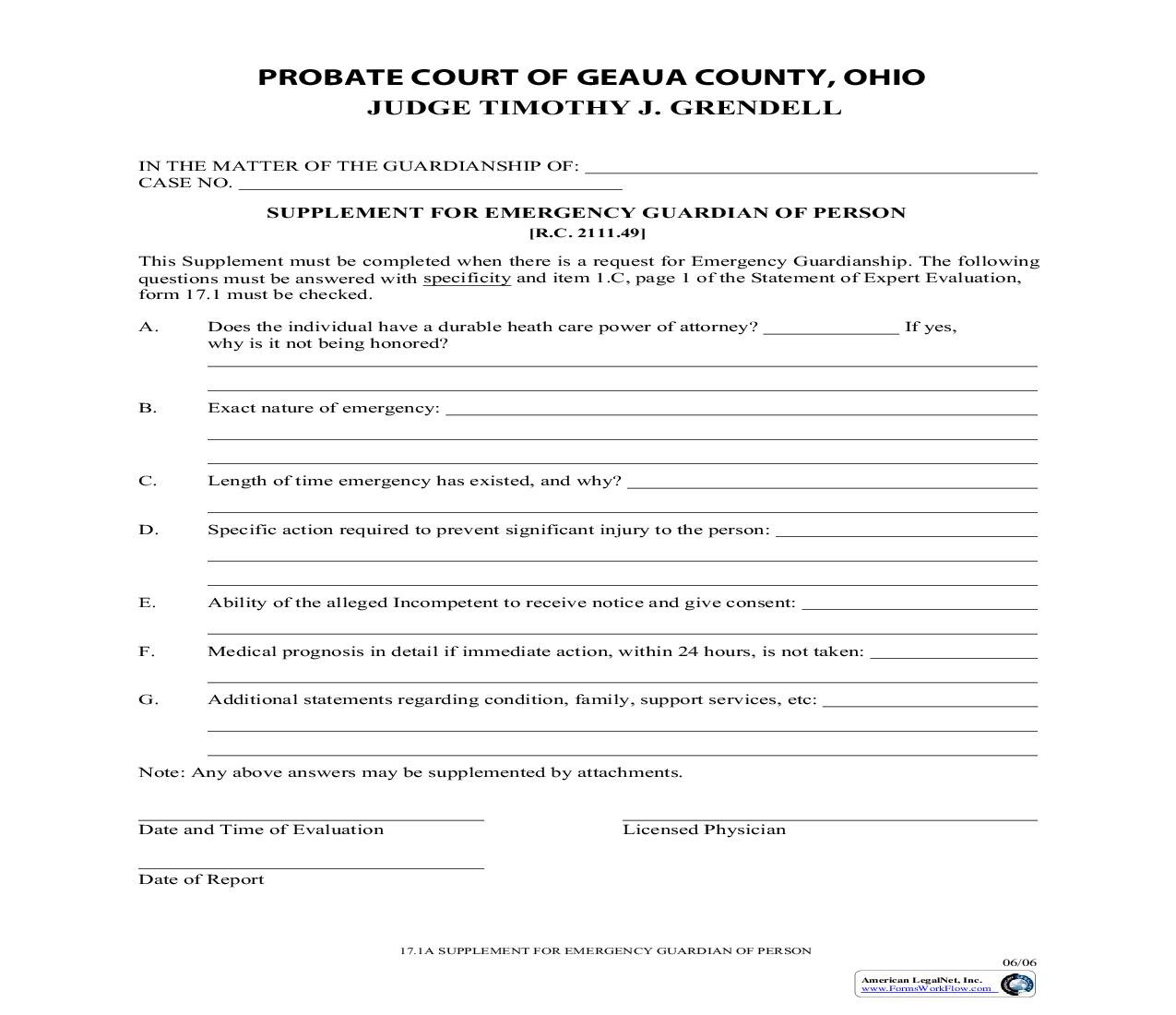 Supplement For Emergency Guardian Of Person {17.1A} | Pdf Fpdf Doc Docx | Ohio
