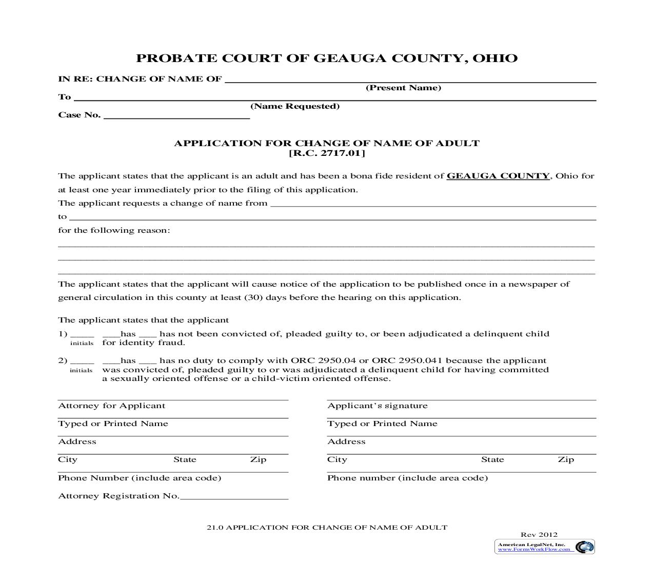 Application For Change Of Name Of Adult {21.0} | Pdf Fpdf Doc Docx | Ohio