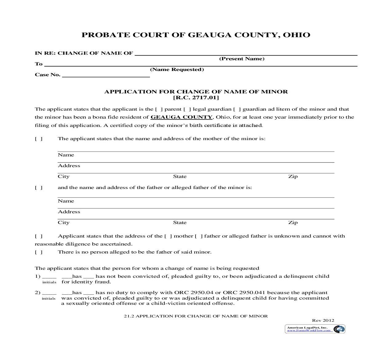 Application For Change Of Name Of Minor {21.2} | Pdf Fpdf Doc Docx | Ohio