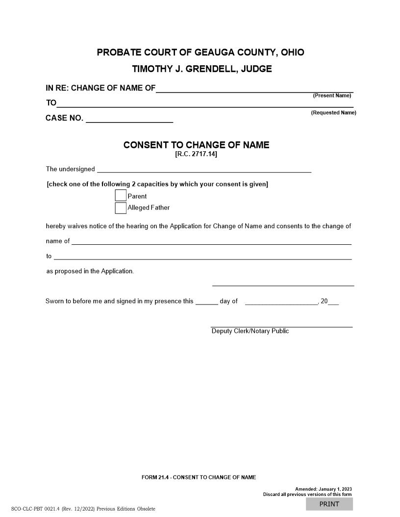 Consent To Change Of Name {21.4} | Pdf Fpdf Doc Docx | Ohio