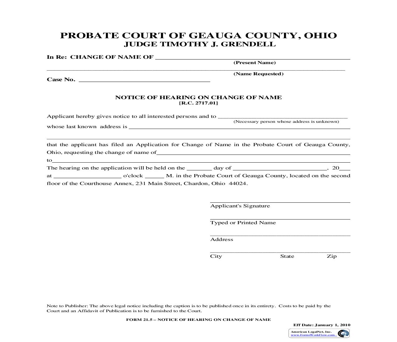 Notice Of Hearing On Change Of Name {21.5} | Pdf Fpdf Doc Docx | Ohio