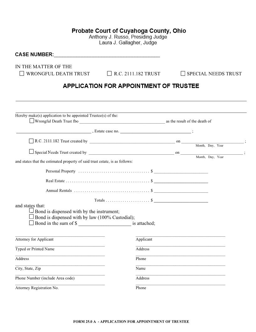 Application For Appointment Of Trustee {25.0} | Pdf Fpdf Doc Docx | Ohio