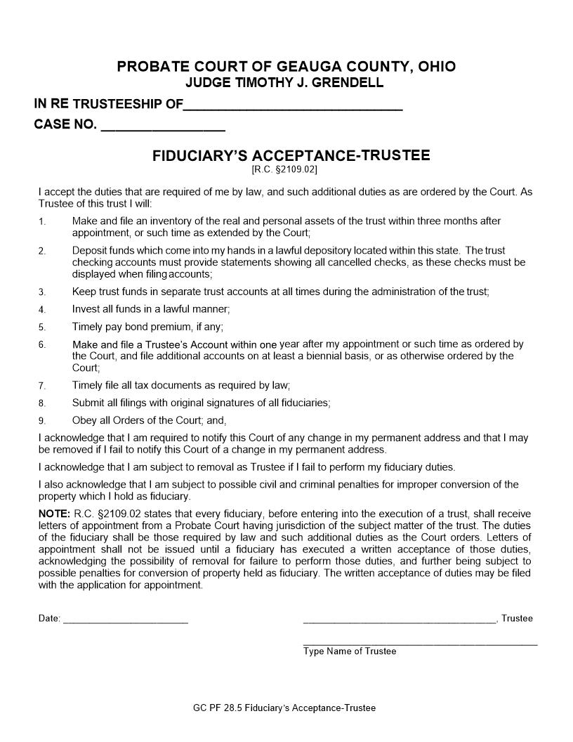 Fiduciarys Acceptance Trustee {28.5} | Pdf Fpdf Doc Docx | Ohio