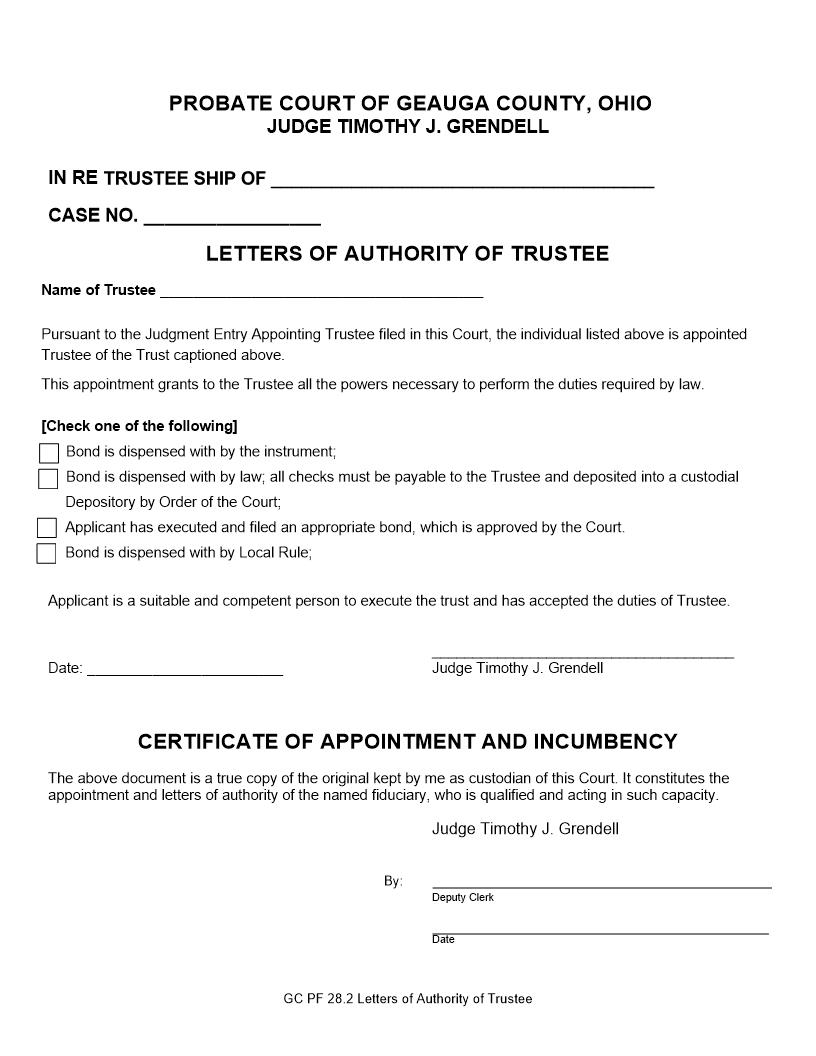 Letters Of Authority Of Trustee {28.2} | Pdf Fpdf Doc Docx | Ohio