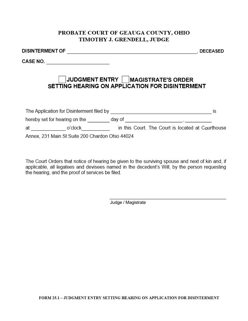 Setting Hearing On Application For Disinterment {25.1} | Pdf Fpdf Doc Docx | Ohio