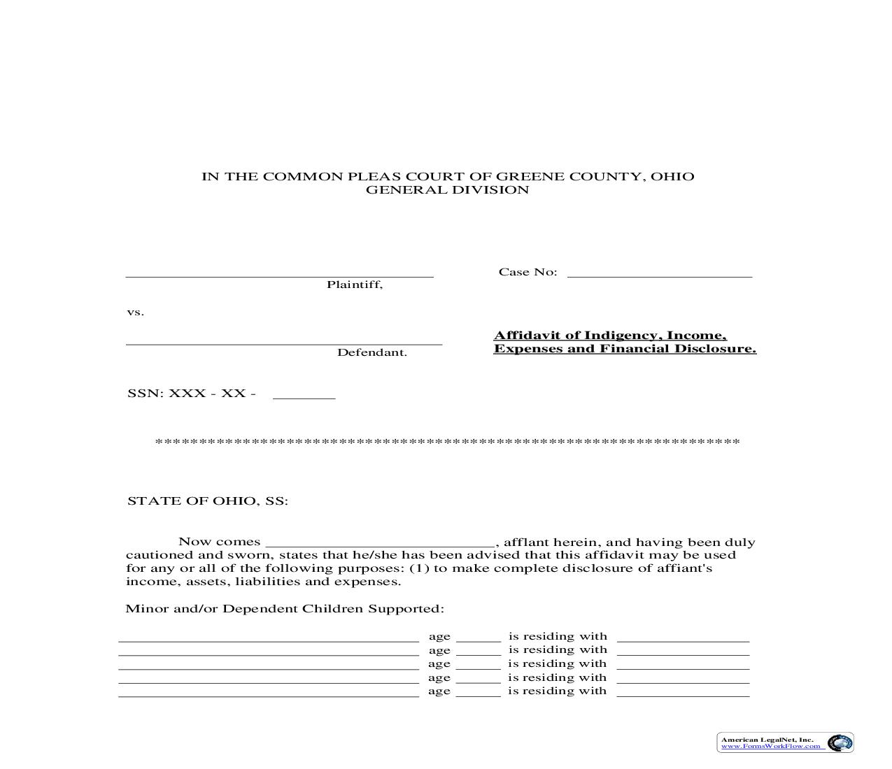 Affidavit Of Indigency, Income, Expenses And Financial Disclosure | Pdf Fpdf Doc Docx | Ohio