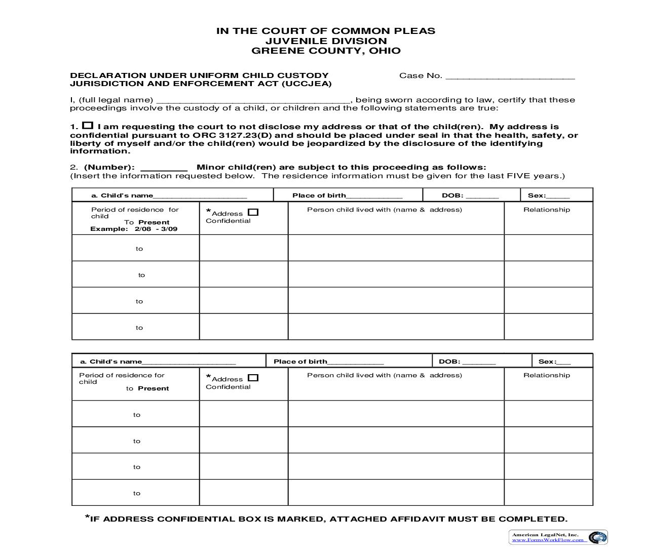 Declaration Under Uniform Child Custody Jurisdiction  And Enforcement Act (UCCJEA) | Pdf Fpdf Doc Docx | Ohio