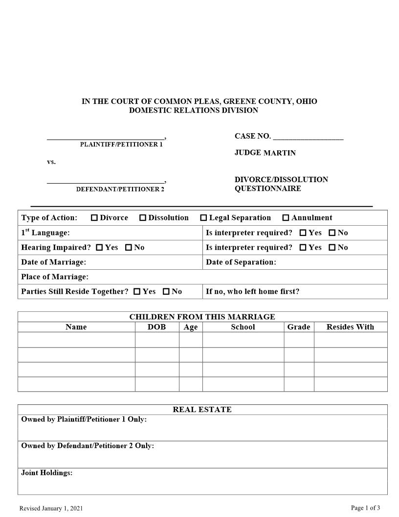 Divorce-Dissolution Questionnaire | Pdf Fpdf Docx | Ohio