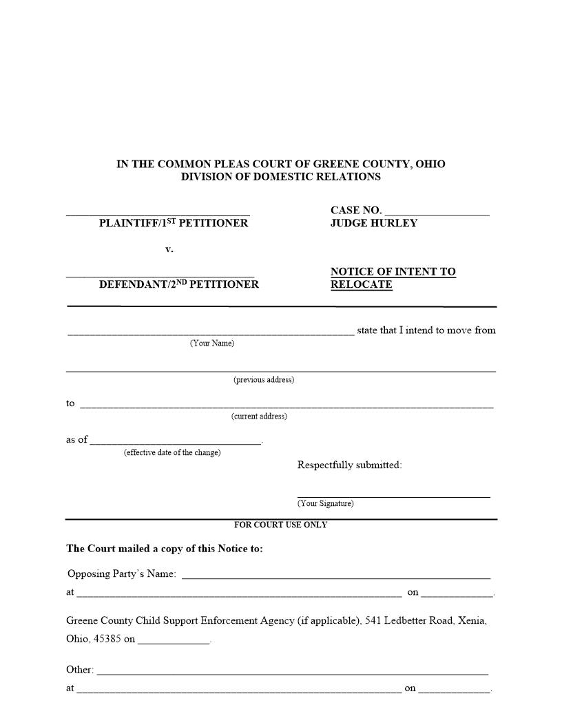 Notice Of Intent To Relocate | Pdf Fpdf Docx | Ohio