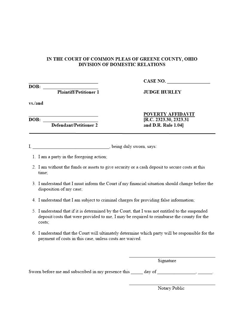Poverty Affidavit | Pdf Fpdf Doc Docx | Ohio