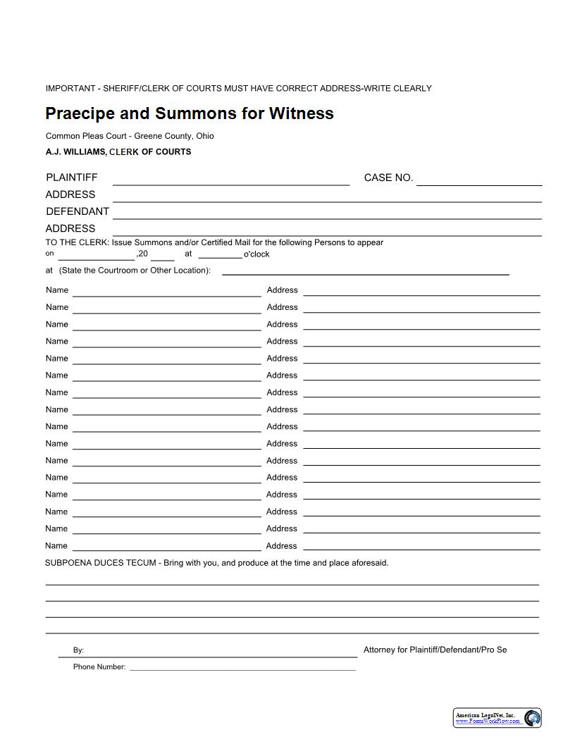 Praecipe And Summons For Witness | Pdf Fpdf Docx | Ohio