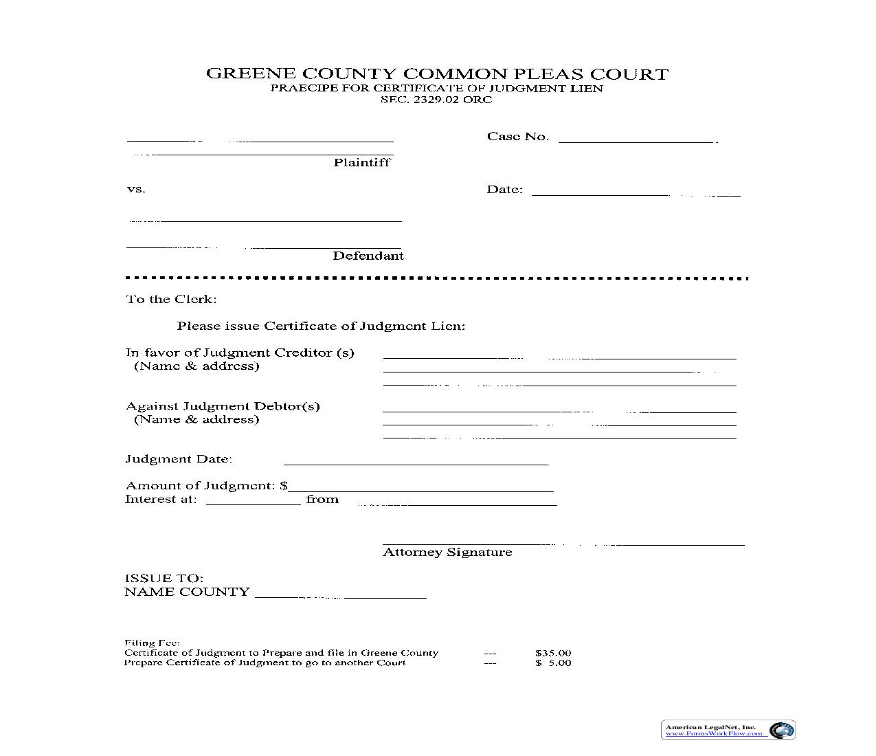 Praecipe For Certificate Of Judgment Lien | Pdf Fpdf Doc Docx | Ohio