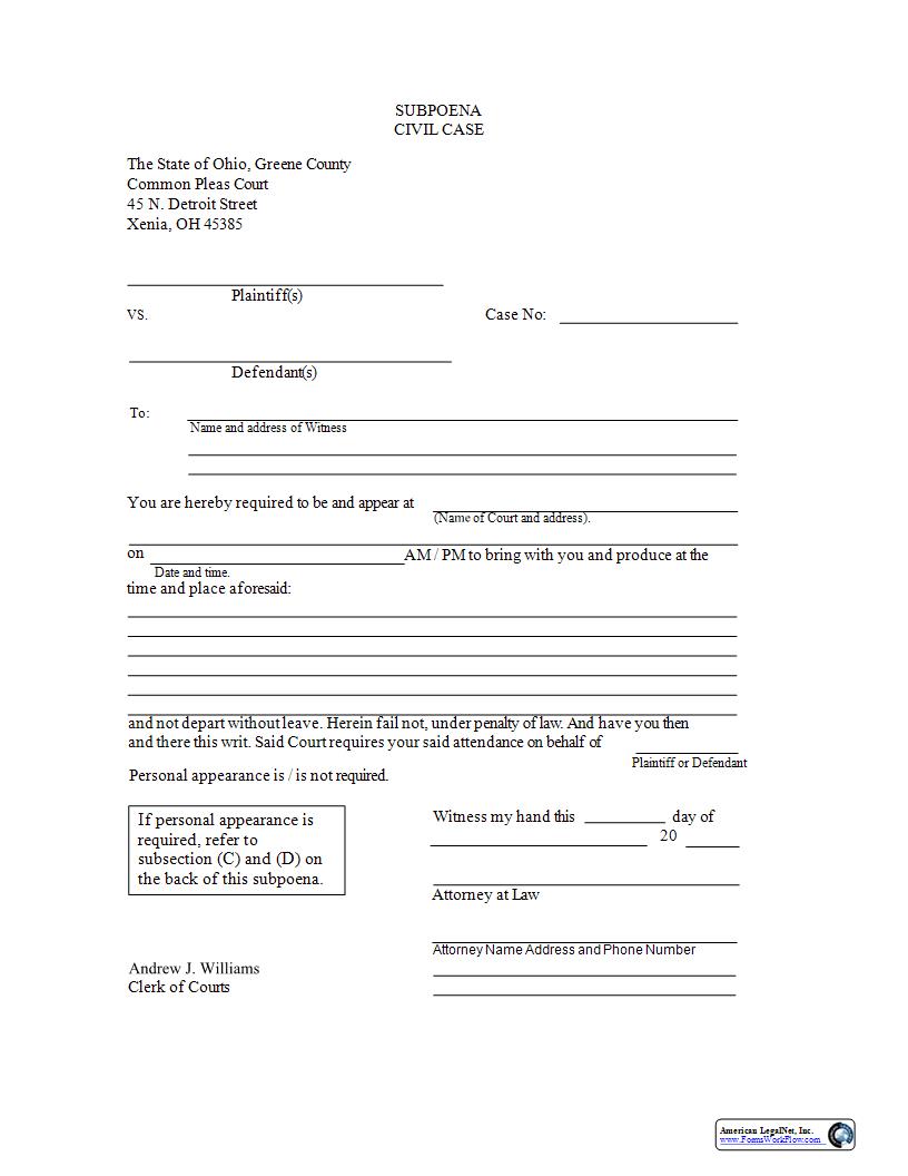 Subpoena (Civil Case) | Pdf Fpdf Docx | Ohio